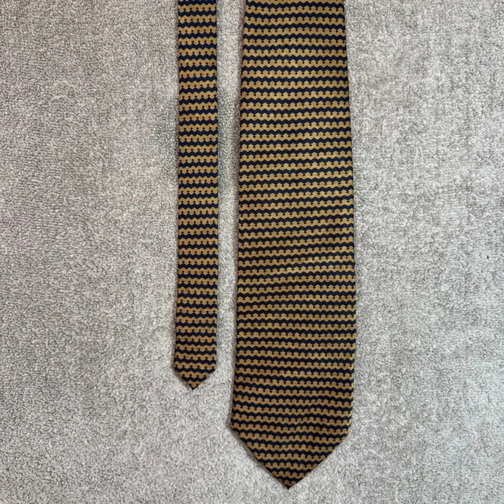Tied & True Mens Silk Tie Navy Blue Gold Geometric Zig Zag Pattern Handmade